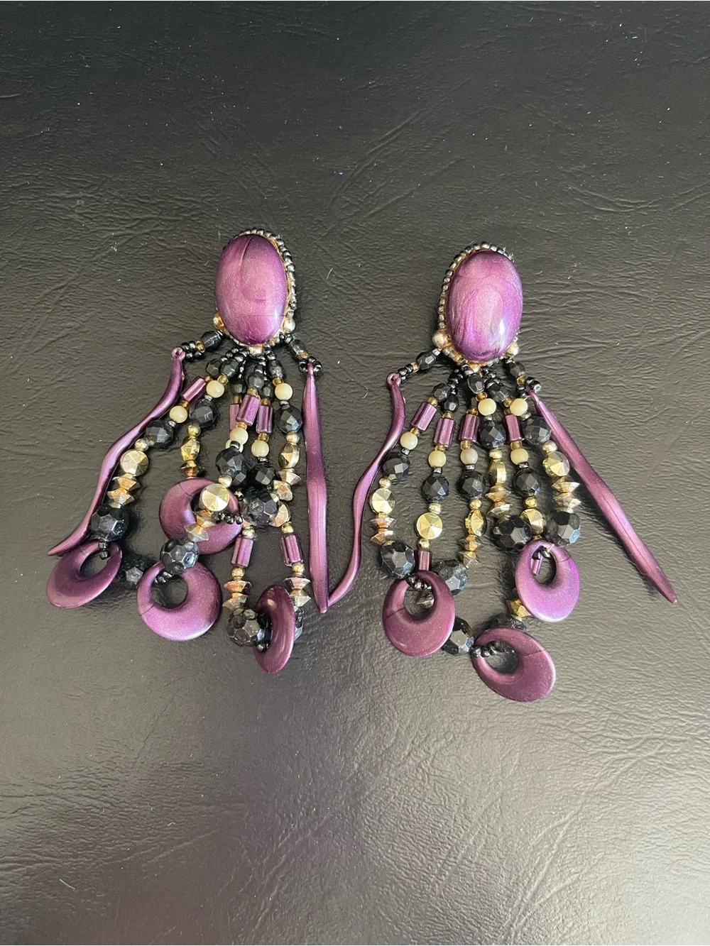 Vintage Purple Beaded Dangle Statement Earrings.